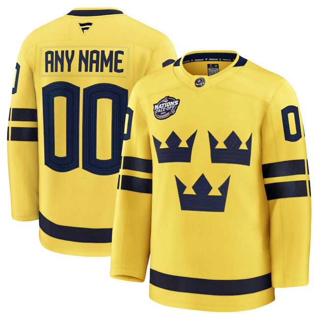 Men's Sweden Active Player Custom Yellow 2025 4 Nations Face-Off Premium Stitched Jersey